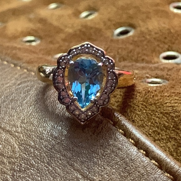 Swiss Blue Topaz Pear Cut White Sapphire Halo Cocktail Ring Size 7 18k over 925 - Picture 13 of 13